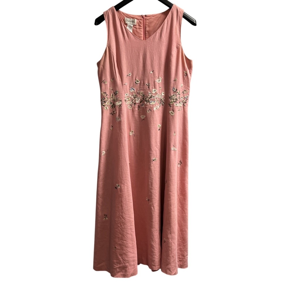 Pink Linen Blend Maxi Dress Women 12 Floral Embroidered Sleeveless Wedding Guest
